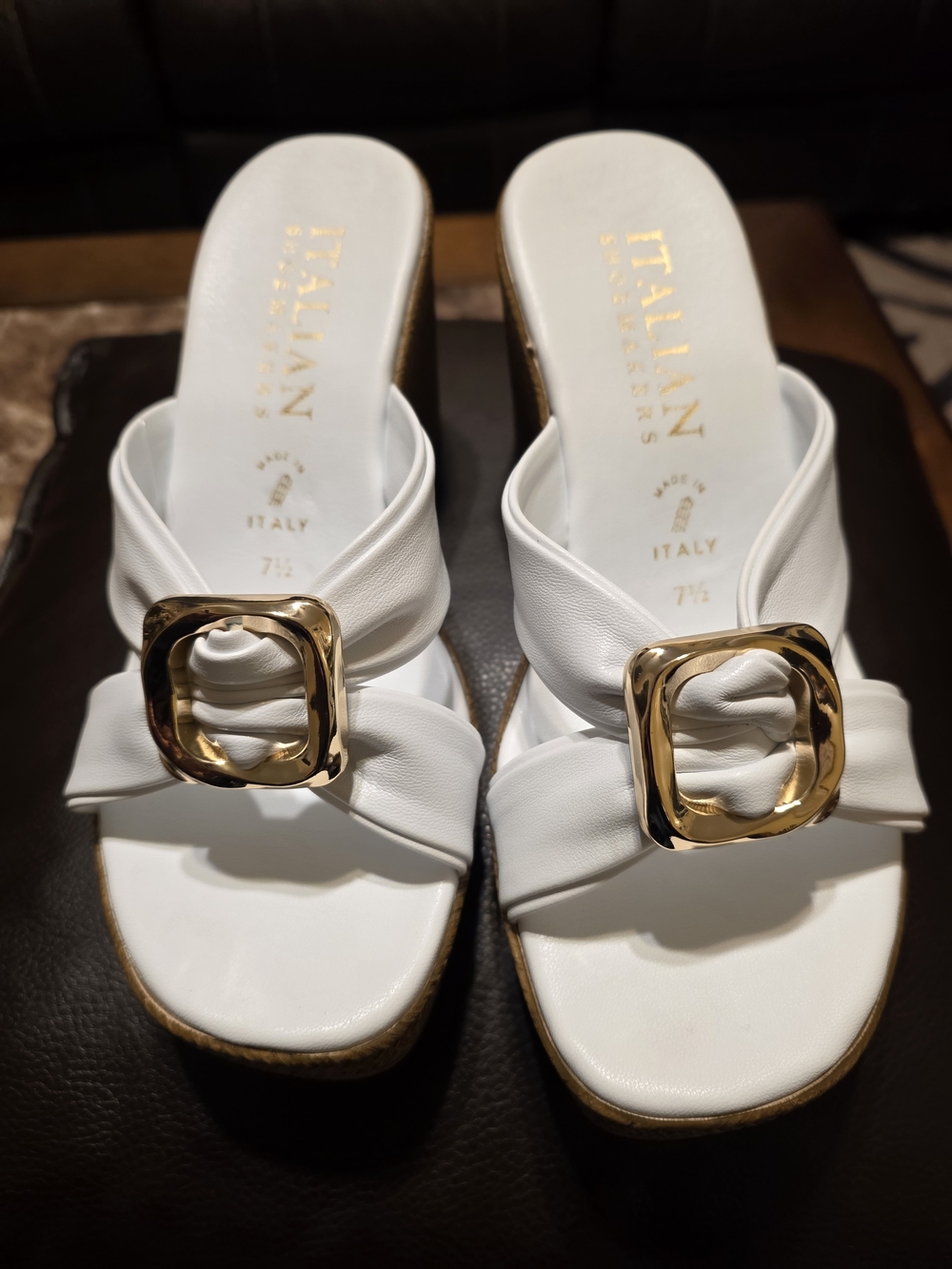 Italian Shoemakers White Slide Mules with Gold Buckle Accent
